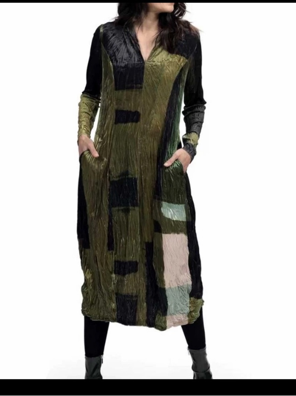 Alembika crinkled wrinkled velvet olive black maxi dress